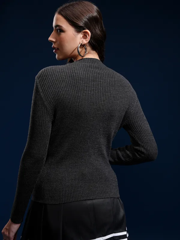 Tokyo Talkies Women Black Mock Collar Sweater