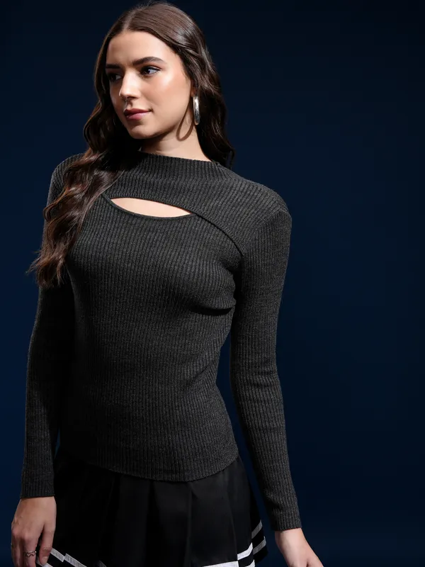 Tokyo Talkies Women Black Mock Collar Sweater