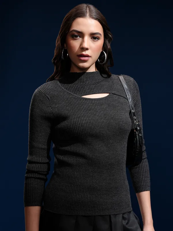 Tokyo Talkies Women Black Mock Collar Sweater