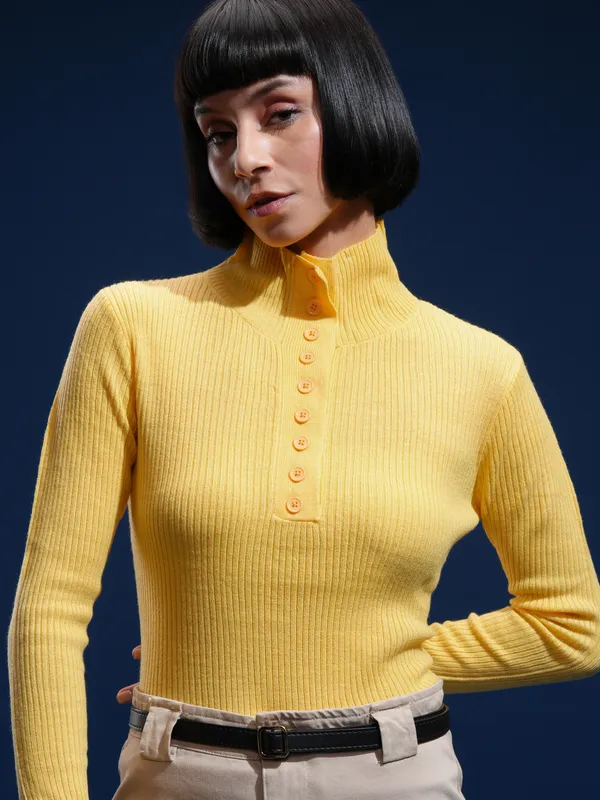 Tokyo Talkies Women Yellow Mock Collar Sweater