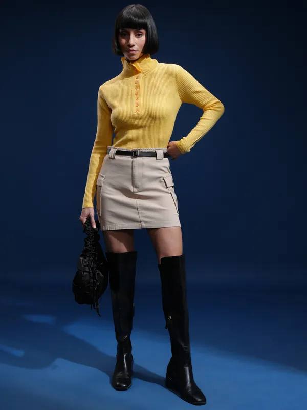 Tokyo Talkies Women Yellow Mock Collar Sweater