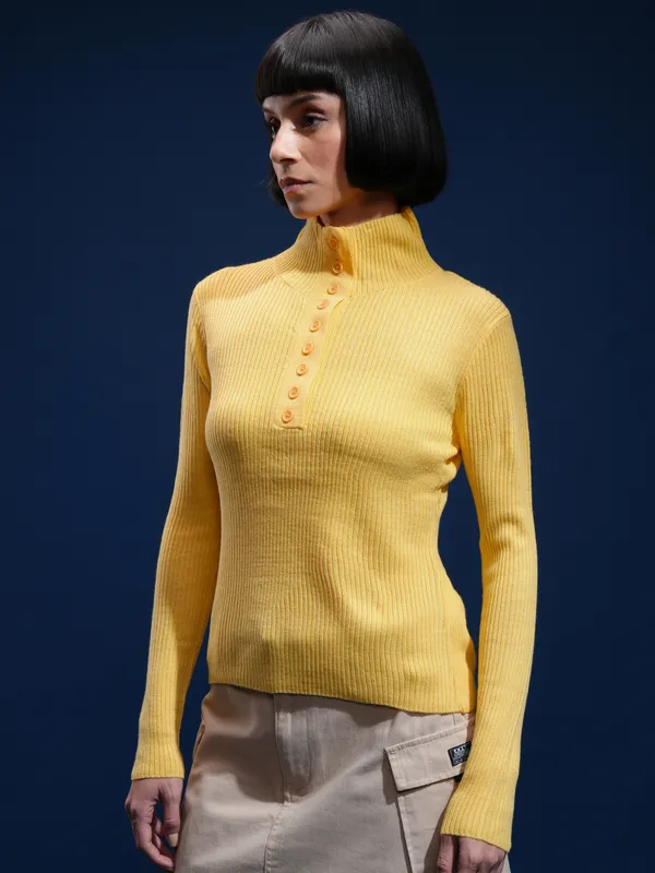 Tokyo Talkies Women Yellow Mock Collar Sweater
