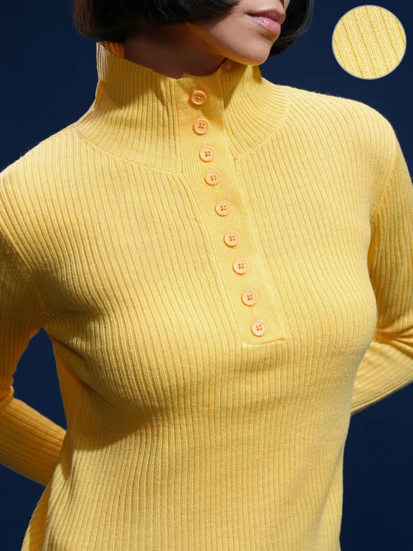 Tokyo Talkies Women Yellow Mock Collar Sweater