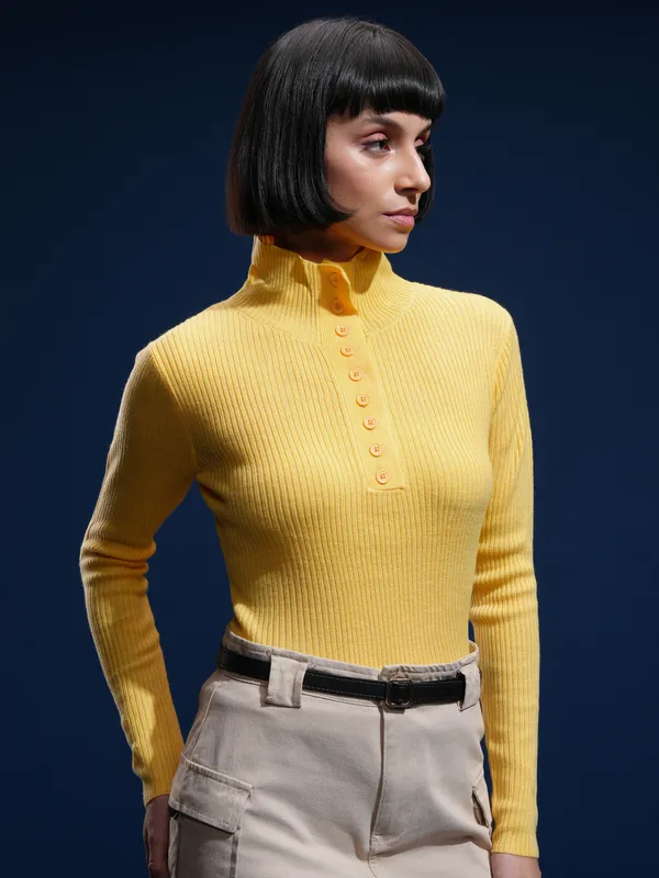 Tokyo Talkies Women Yellow Mock Collar Sweater