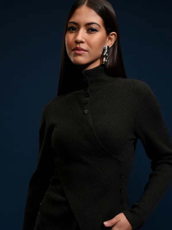 Tokyo Talkies Women Black High Neck Sweater