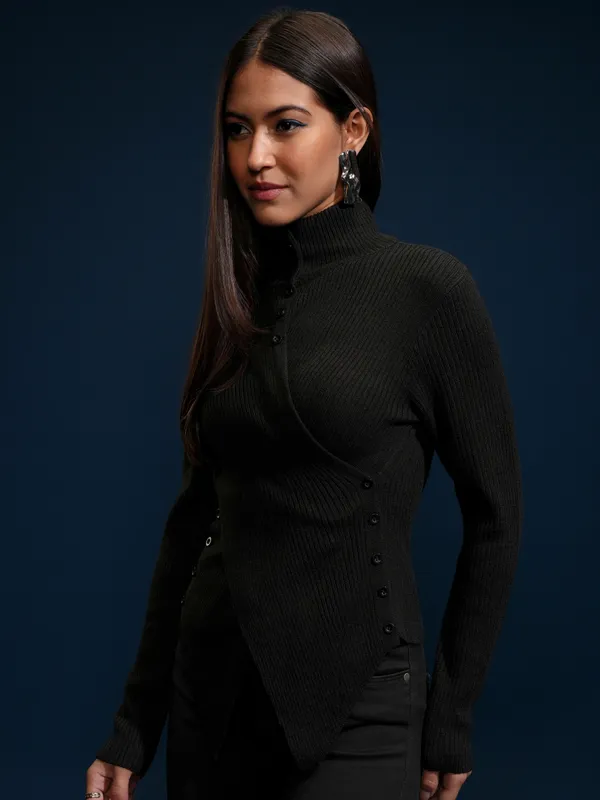 Tokyo Talkies Women Black High Neck Sweater