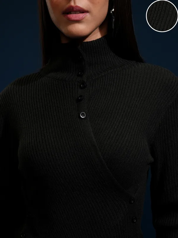 Tokyo Talkies Women Black High Neck Sweater