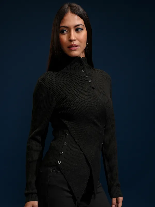 Tokyo Talkies Women Black High Neck Sweater