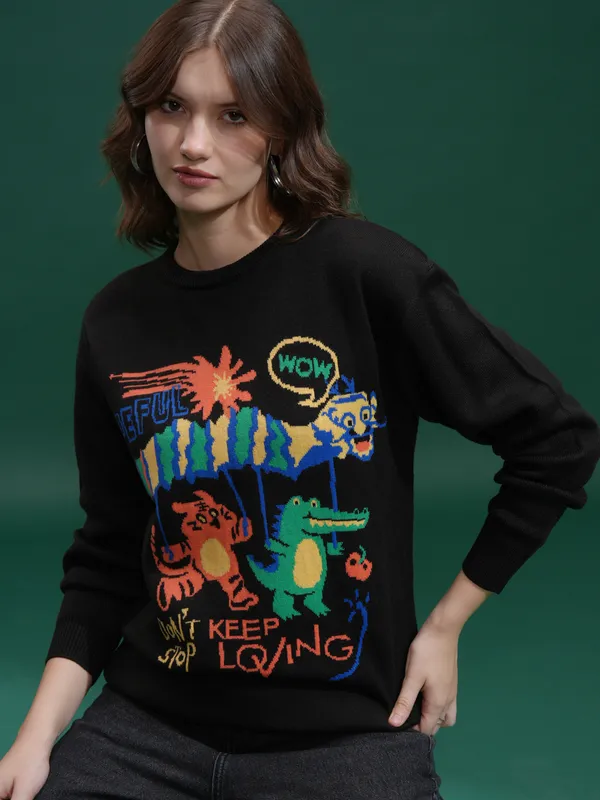 Tokyo Talkies Women Black Round Neck Sweater