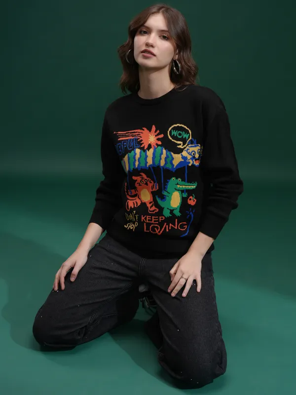Tokyo Talkies Women Black Round Neck Sweater