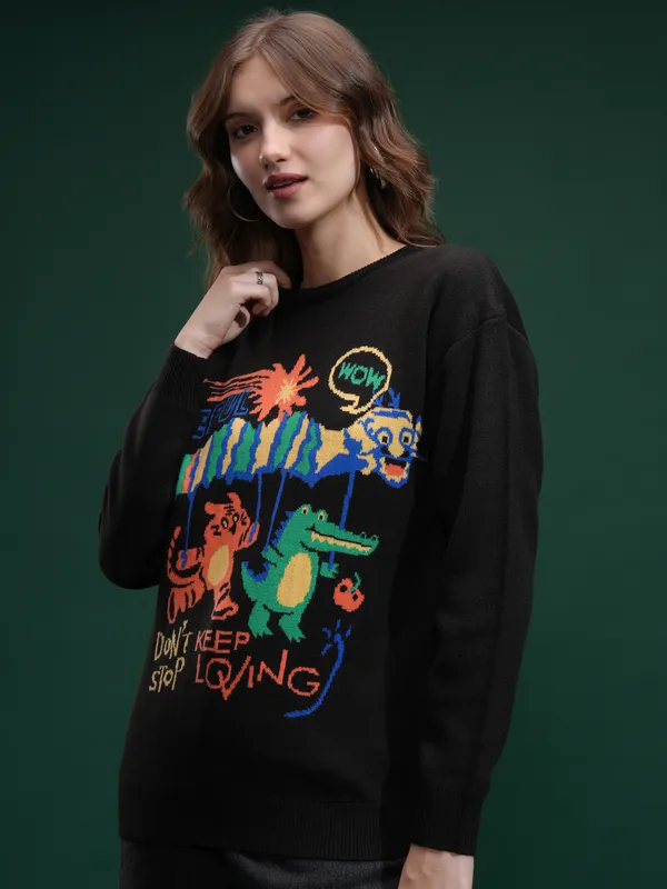Tokyo Talkies Women Black Round Neck Sweater