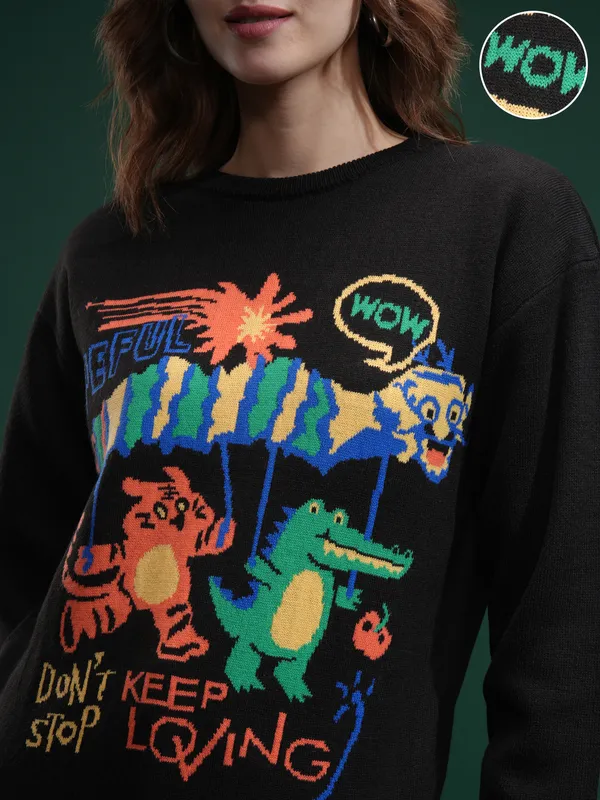 Tokyo Talkies Women Black Round Neck Sweater