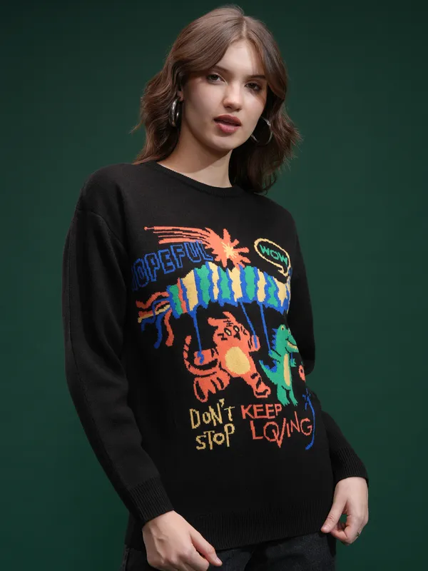 Tokyo Talkies Women Black Round Neck Sweater