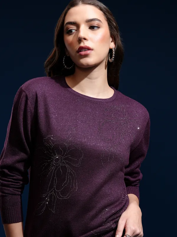 Tokyo Talkies Women Purple Round Neck Sweater