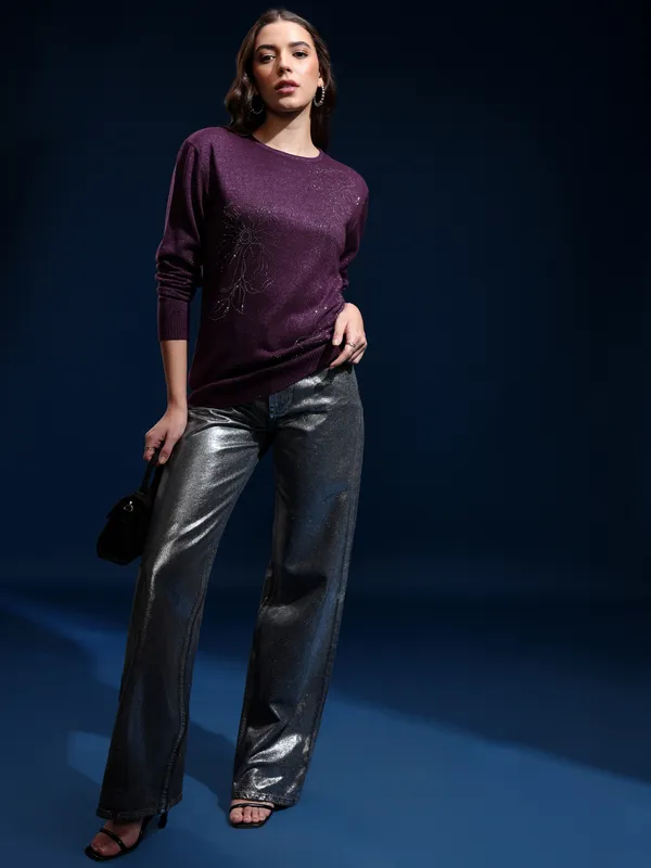 Tokyo Talkies Women Purple Round Neck Sweater