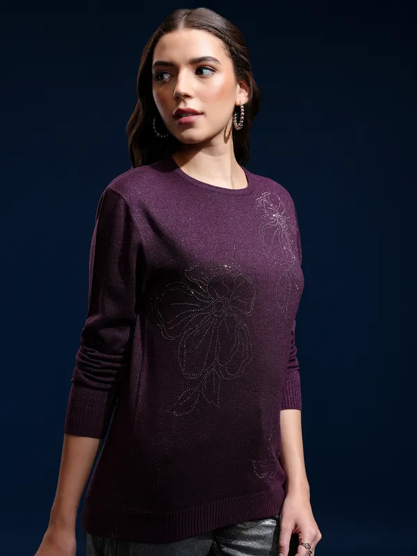 Tokyo Talkies Women Purple Round Neck Sweater