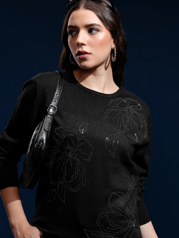 Tokyo Talkies Women Black Round Neck Sweater