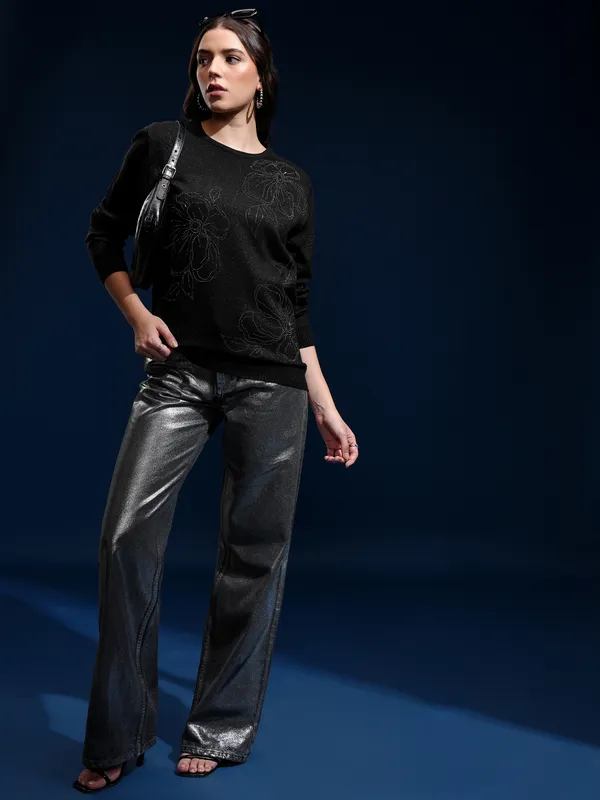 Tokyo Talkies Women Black Round Neck Sweater