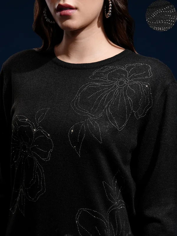 Tokyo Talkies Women Black Round Neck Sweater