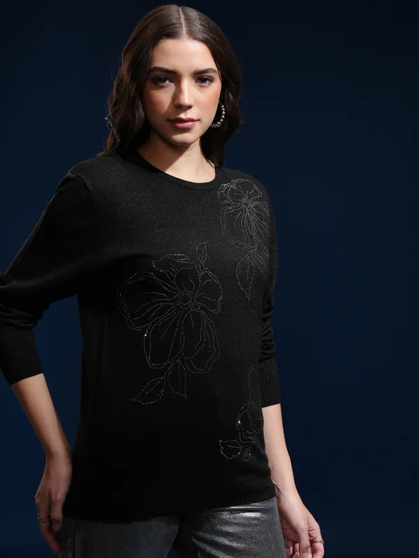 Tokyo Talkies Women Black Round Neck Sweater