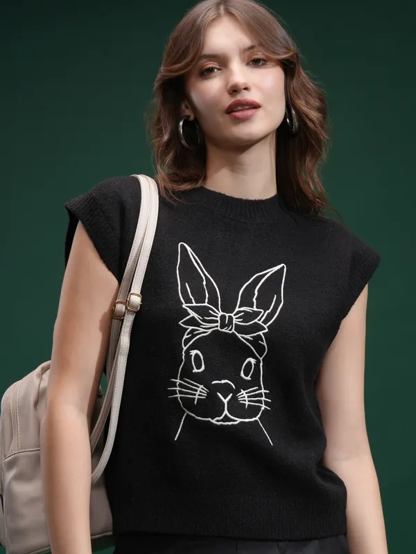 Tokyo Talkies Women Black Round Neck Sweater