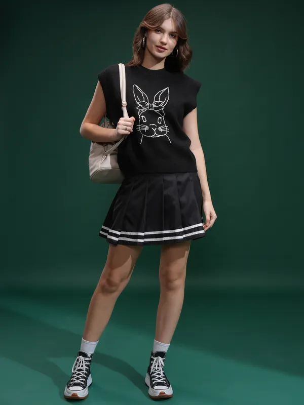 Tokyo Talkies Women Black Round Neck Sweater