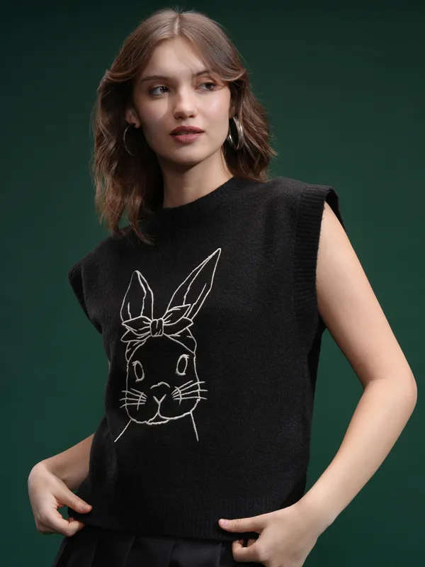 Tokyo Talkies Women Black Round Neck Sweater