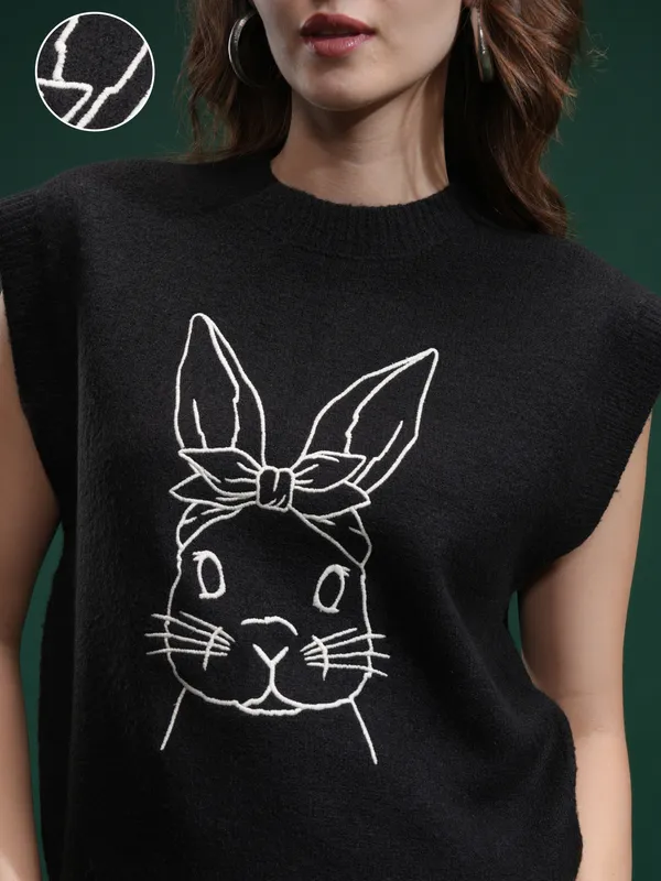 Tokyo Talkies Women Black Round Neck Sweater