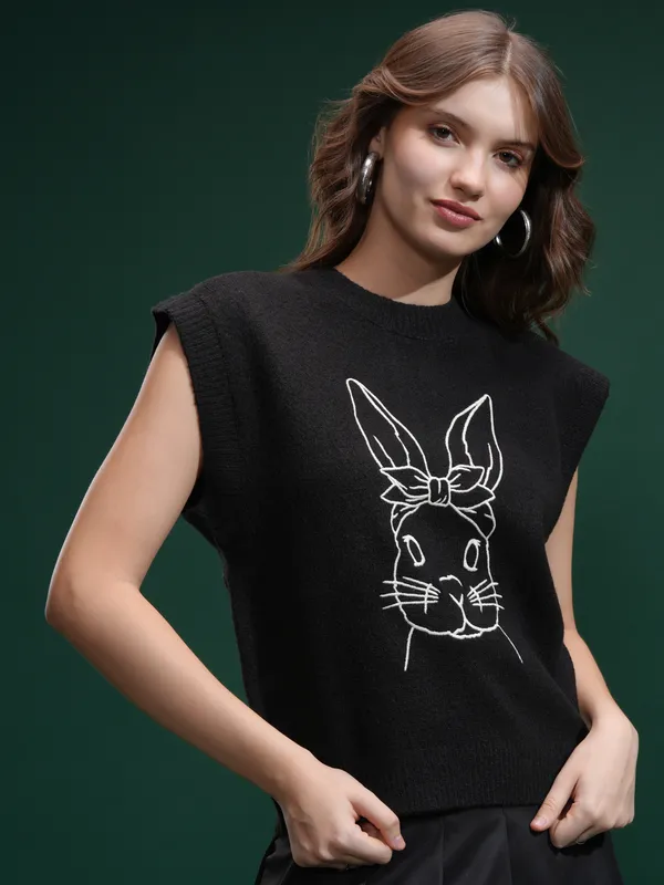 Tokyo Talkies Women Black Round Neck Sweater