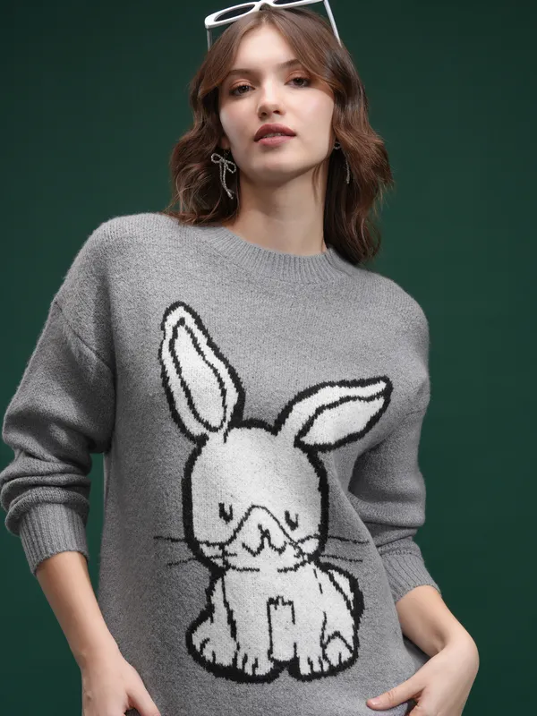 Tokyo Talkies Women Grey Round Neck Sweater