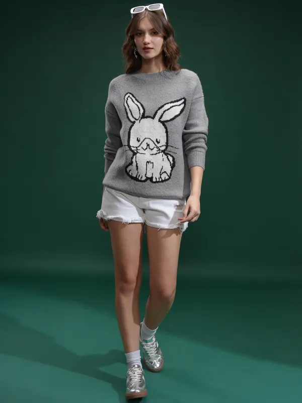 Tokyo Talkies Women Grey Round Neck Sweater