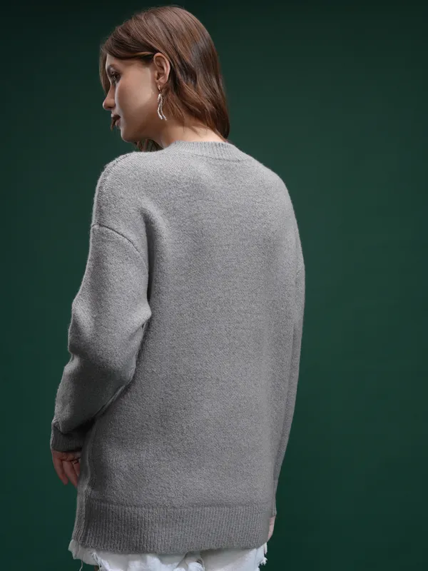 Tokyo Talkies Women Grey Round Neck Sweater