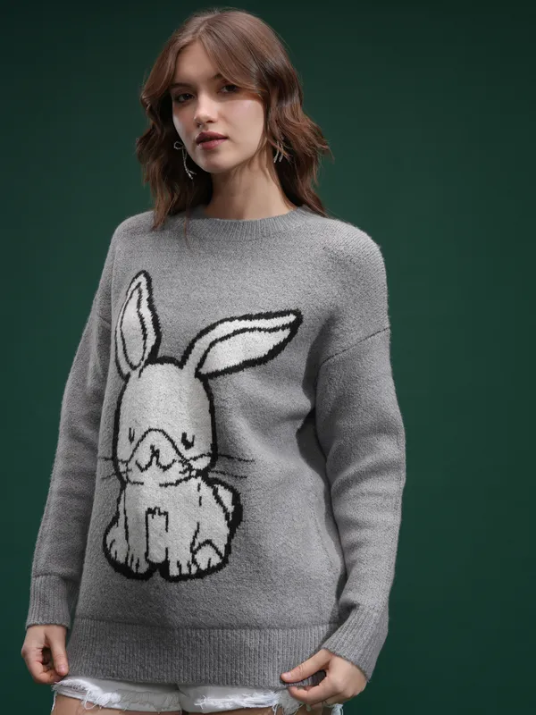 Tokyo Talkies Women Grey Round Neck Sweater