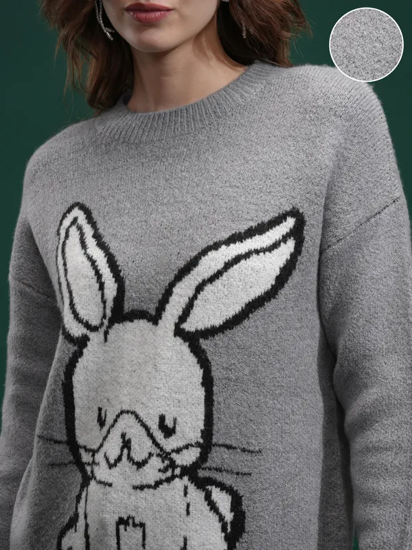 Tokyo Talkies Women Grey Round Neck Sweater