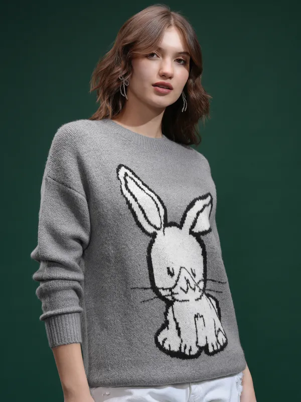 Tokyo Talkies Women Grey Round Neck Sweater