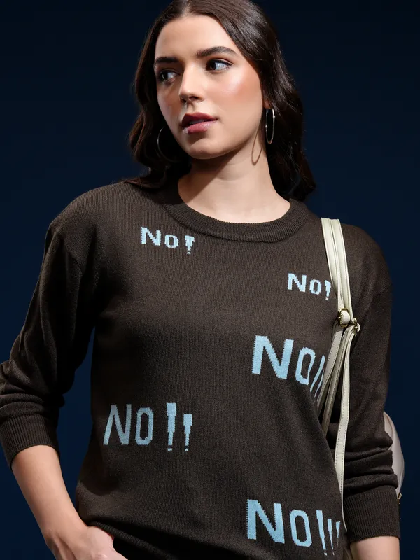 Tokyo Talkies Women Brown Round Neck Sweater