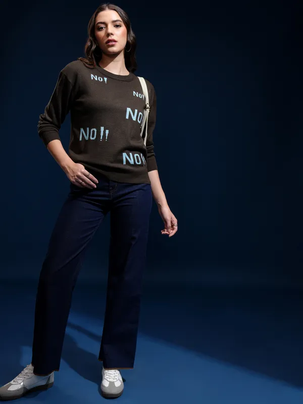 Tokyo Talkies Women Brown Round Neck Sweater