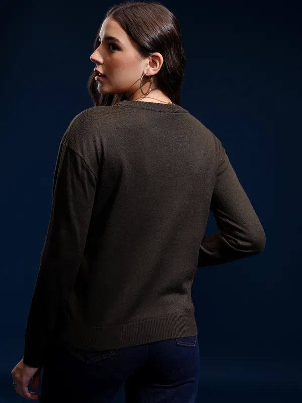 Tokyo Talkies Women Brown Round Neck Sweater