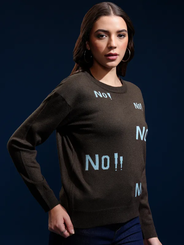 Tokyo Talkies Women Brown Round Neck Sweater