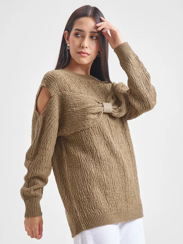 Tokyo Talkies Women Brown Round Neck Sweater