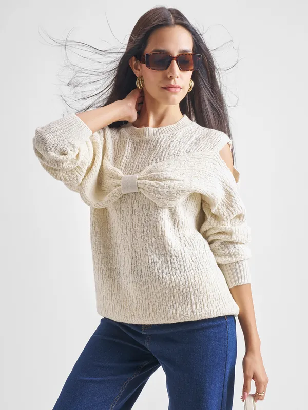 Tokyo Talkies Women White Round Neck Sweater