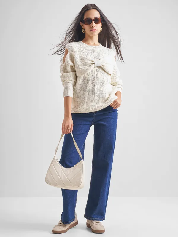 Tokyo Talkies Women White Round Neck Sweater