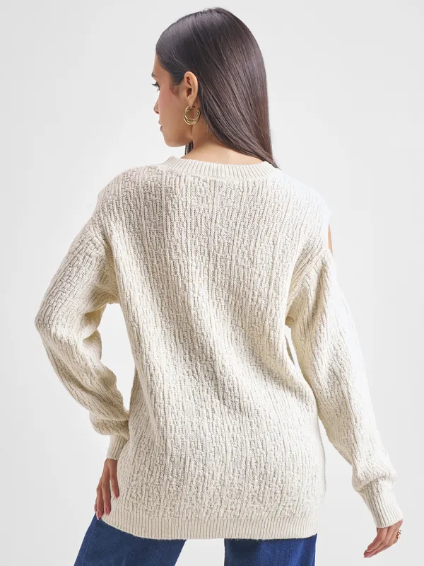 Tokyo Talkies Women White Round Neck Sweater