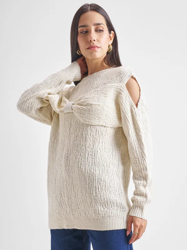 Tokyo Talkies Women White Round Neck Sweater