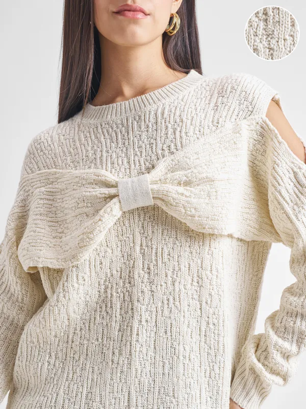 Tokyo Talkies Women White Round Neck Sweater