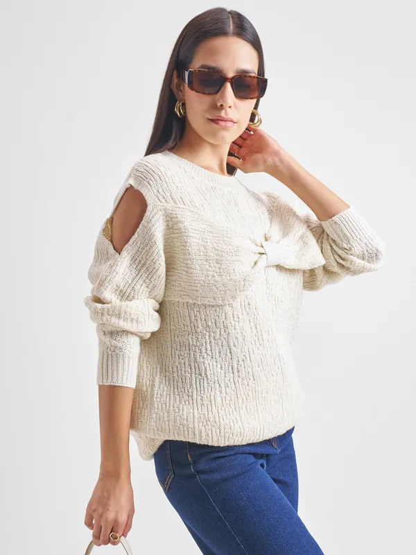 Tokyo Talkies Women White Round Neck Sweater