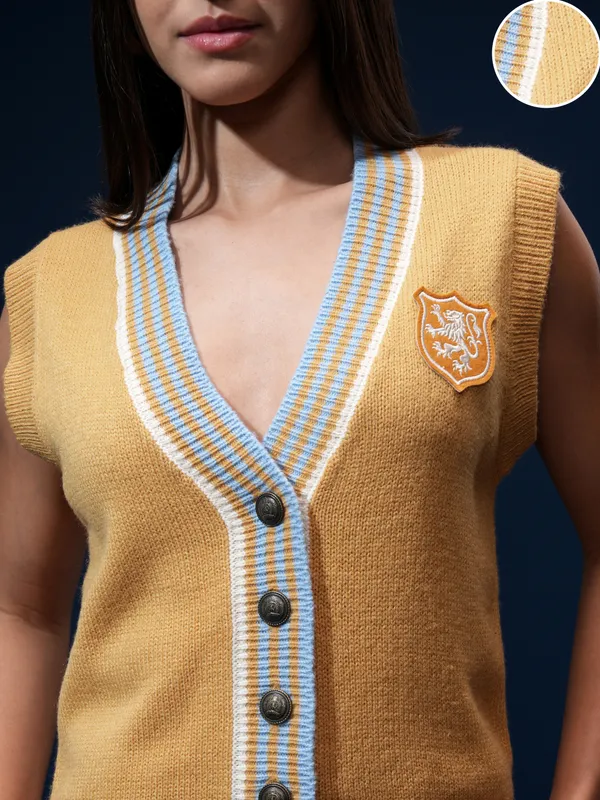 Tokyo Talkies Women Yellow Sleeveless Cable Knit V-Neck Cardigan Sweater
