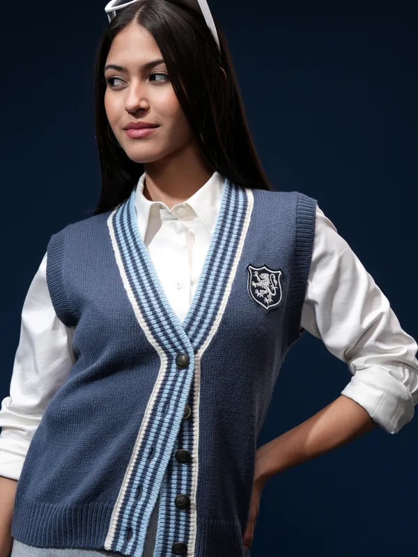 Tokyo Talkies Women Navy Blue Sleeveless Cable Knit V-Neck Cardigan Sweater