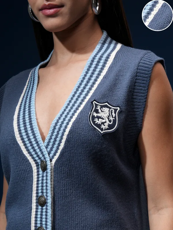 Tokyo Talkies Women Navy Blue Sleeveless Cable Knit V-Neck Cardigan Sweater