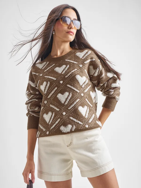 Tokyo Talkies Women Brown Round Neck Sweater